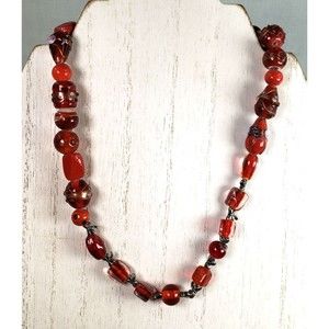 Vintage Red Cranberry Glass Beads with Silver Drangonfy Spacers Necklace 18"